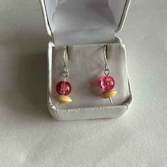 3/$20 Red and Tan Dual Crystal Beaded Silver Plated Dangling Drop Earrings - Picture 1 of 3